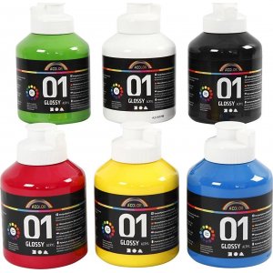 Peinture scolaire - Acrylique - couleurs primaires - brillante - 6 x 500 ml