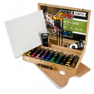 Set de peinture acrylique Campus - Coffret en bois 12 tubes de 100 ml + accessoires