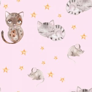 Tricot  motifs 150 cm - Chat & Souris rose