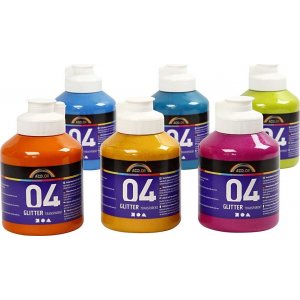 Peinture scolaire - Acrylique - Paillettes - couleurs mlanges - 6 x 500 ml