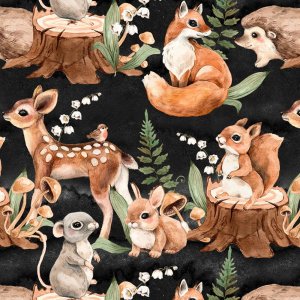 Tricot  motifs 150 cm - Muguet, Bambi, Renard Noir