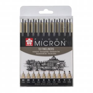 Ensemble Fineliner Pigma Micron - 10 stylos (003, 005, 01, 02, 03, 04, 05, 08, 10, 1)