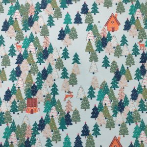 Jersey  motifs 145 cm - maisons en pain d'pices - sapins - bleu clair