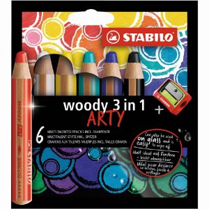 Crayons de couleur Woody Arty 3en1 avec taille-crayon - paquet de 6